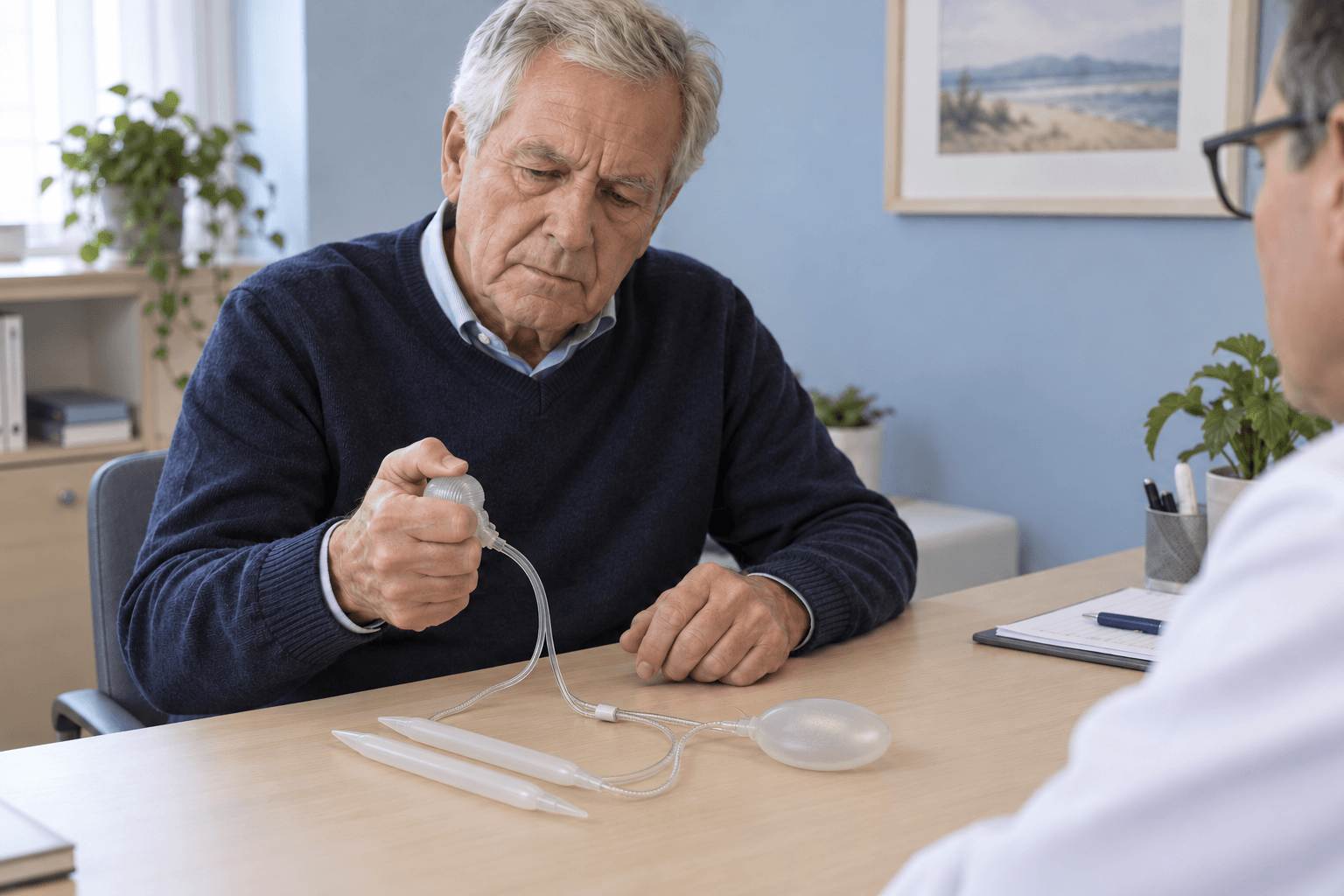 Older man having difficulty operating the pump of a penile implant demonstration model.