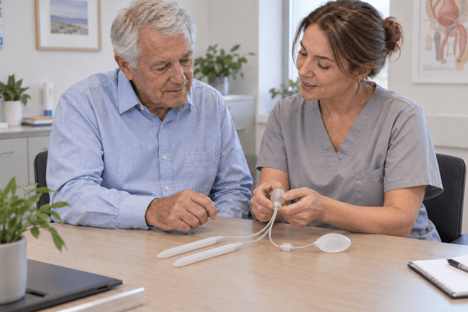 Healthcare professional teaching an older man to operate a penile implant demonstration model.