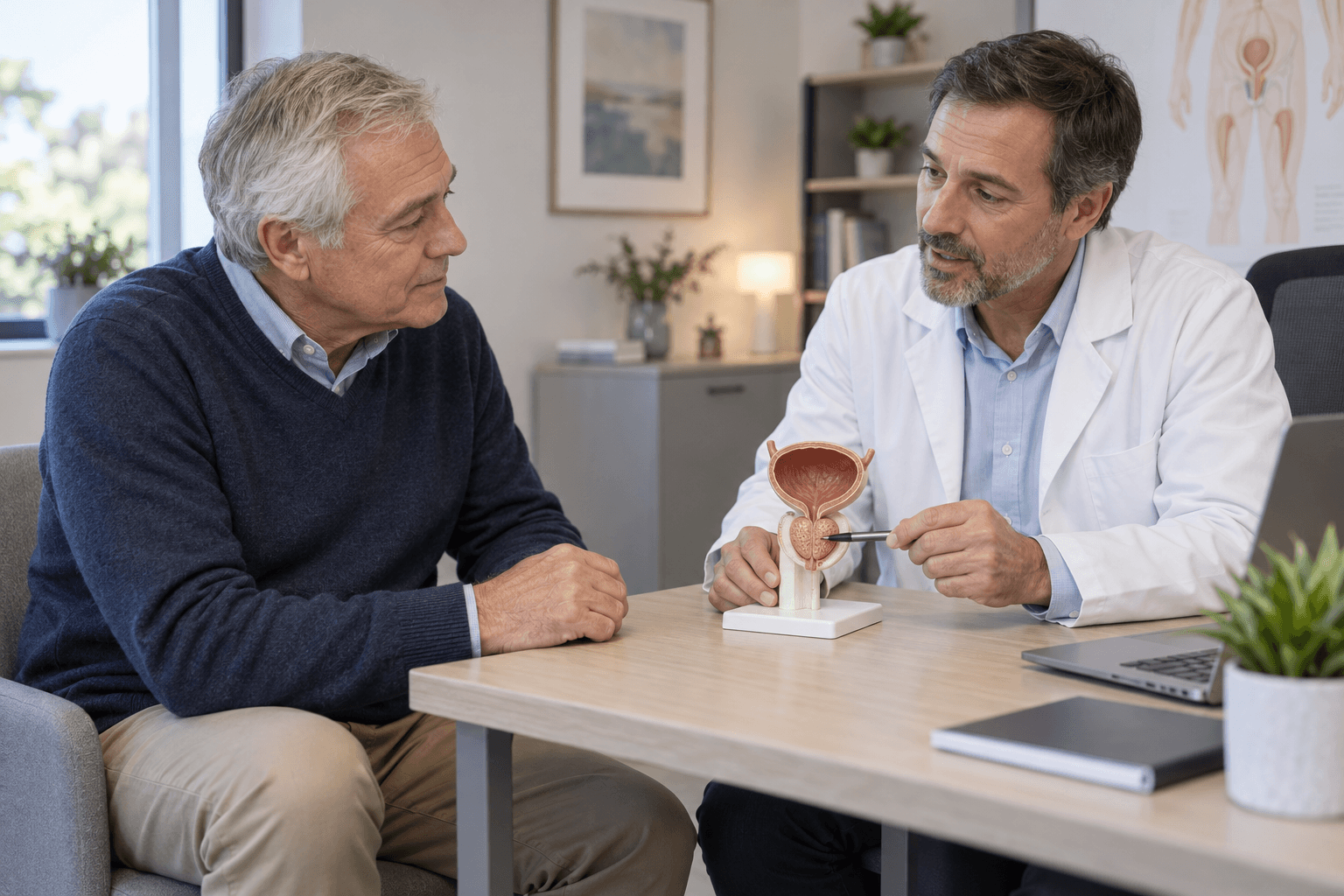 Médecin expliquant un modèle anatomique de la prostate à un homme pendant une consultation.