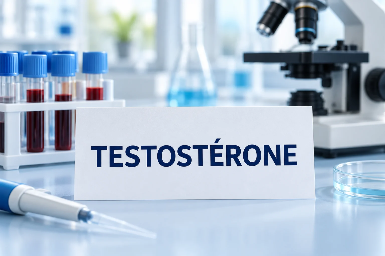 Лабораторное оборудование, пробирки и микроскоп вокруг французского слова « TESTOSTÉRONE ».