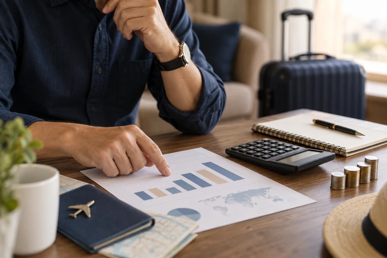 Scena illustrativa: un viaggiatore esamina le tabelle dei prezzi economici con una calcolatrice e delle monete, con i bagagli accanto.