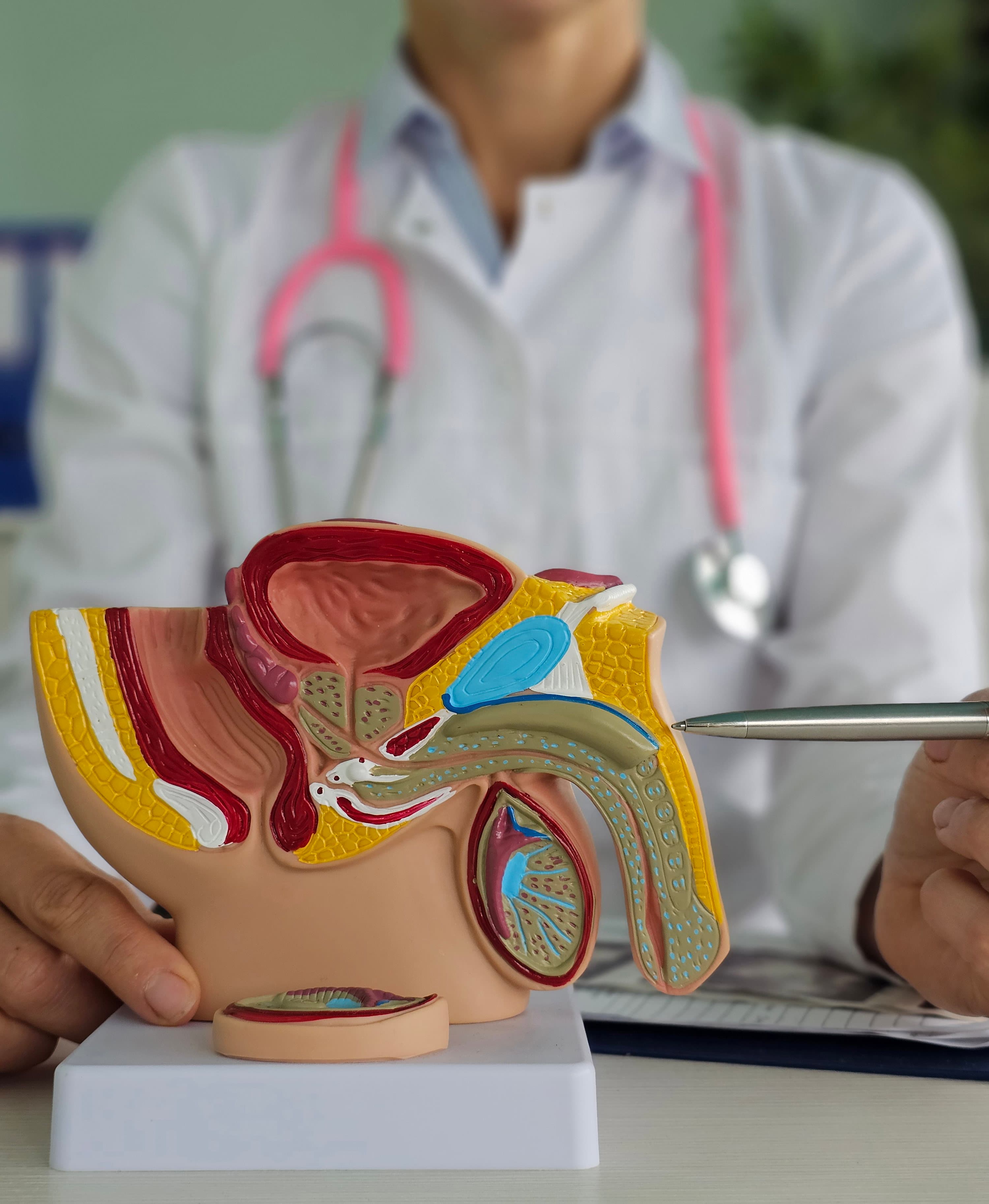 Medizinische Fachperson mit einem anatomischen Modell des männlichen Beckens.