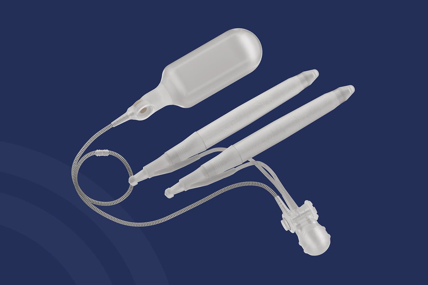 Components of an inflatable penile implant against a blue background.